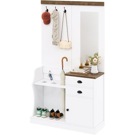 Meuble D'entrée 110,5 X 191 X 38 Cm Blanc Avec Miroir, Deux Tiroirs Et Porte-parapluie