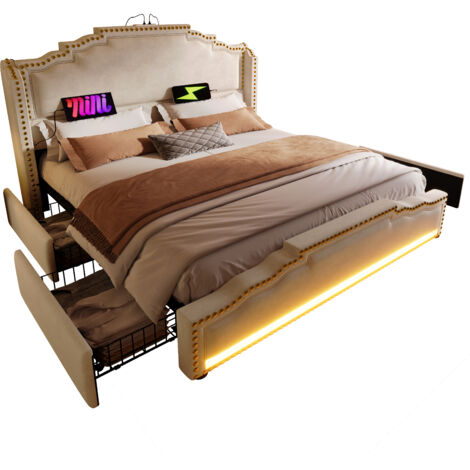 Lit rembourré velours beige 160x200 cm avec 4 tiroirs, LED et ports USB/Type-C, sommier à lattes inclus (1/5)