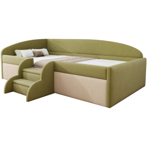 Lit enfant rembourré en velours vert foncé/ivoire 90x190 cm avec barrières et marches, sommier à lattes inclus (1/5)