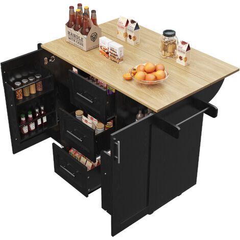 Îlot De Cuisine 135 X 46-74 X 86,6/87,2 Cm Noir En Mdf Et Métal, Côtés Rabattables (1/5)