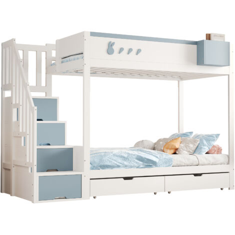 Lit superposé enfant bois blanc et bleu 90x200 cm avec lattes, tiroirs et rangement, étagère amovible (1/5)