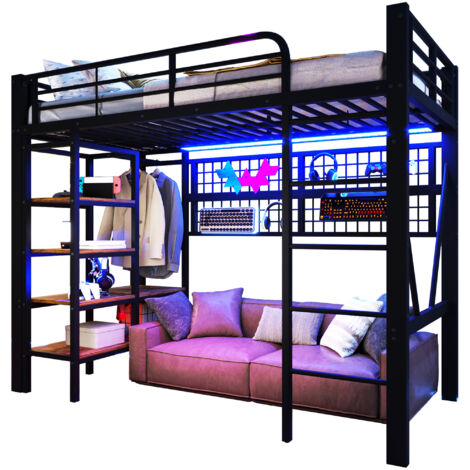 Lit mezzanine 90x200 cm en métal noir avec étagère, filet suspendu et bande LED contrôlable par application (1/5)