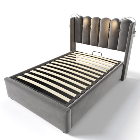 Lit coffre 90x200 cm velours gris avec sommier à lattes, tête de lit avec liseuse et USB (1/5)