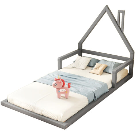Lit enfant en pin massif et MDF gris 90x200 cm – forme maison, sommier à lattes inclus (1/5)