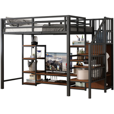 Lit mezzanine 90x200 cm métal et MDF noir avec support TV, prise intégrée et échelle de rangement (1/5)