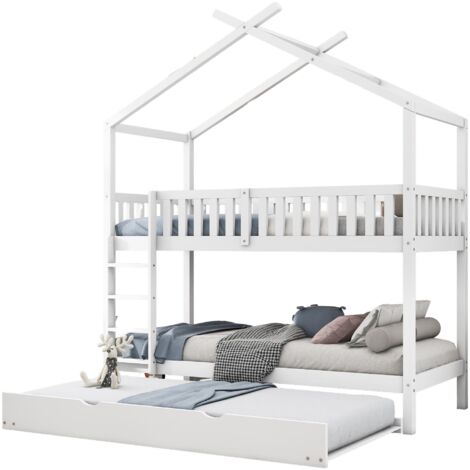 Lit superposé cabane en bois massif blanc 90x200 cm avec lit gigogne, transformable en 3 lits (1/5)