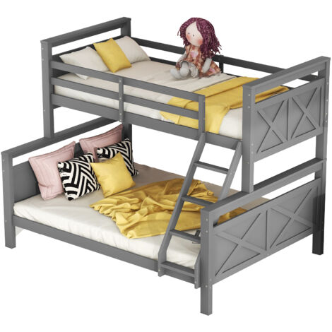 Lit superposé en pin gris 90x200 + 140x200 cm, convertible en 2 lits, échelle inclinée, sommiers à lattes inclus (1/5)