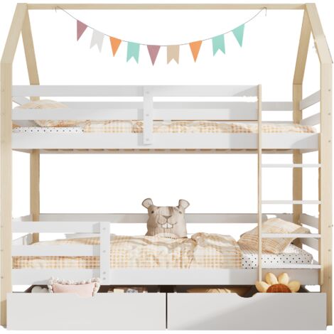 Lit en bois massif blanc et chêne 90x200 cm avec tiroirs de rangement, sommier à lattes inclus (1/5)