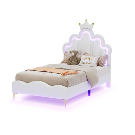 Lit 90x200 cm en PU blanc avec LEDs et tête de lit couronne, sommier à lattes inclus (1/5)