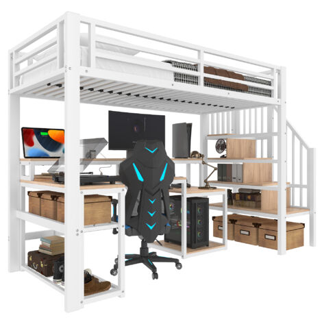 Lit mezzanine métal et MDF blanc 90x200 cm avec bureau, rangements, LED et ports USB (1/5)