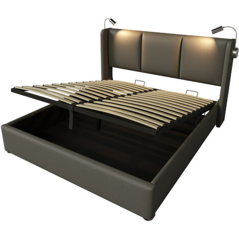 Lit coffre 140x200 cm en PU gris avec sommier à lattes, tête de lit avec liseuse et USB, matelas inclus (1/5)