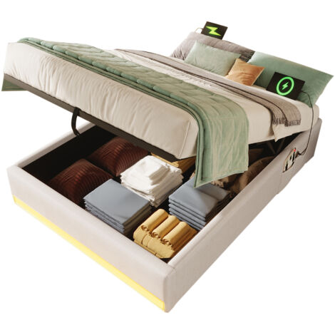 Lit coffre 90x200 cm en lin beige avec LED multicolore, ports USB & Type-C, sans tête de lit (1/5)