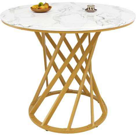 Table Ronde 80x80x76 Cm En Mdf Blanc Avec Pieds Métal Doré, Design Compact Et Polyvalent (1/5)