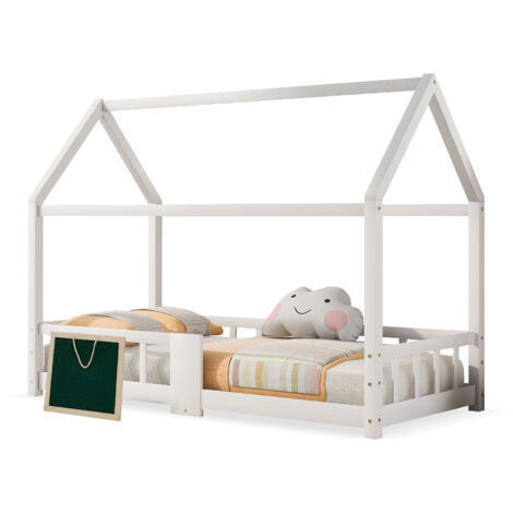 Lit cabane enfant en bois massif blanc 90x200 cm avec sommier à lattes, protection anti-chute et tableau (1/5)