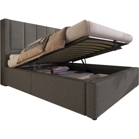 Lit coffre 90x200 cm en lin gris avec sommier à lattes, tête de lit avec chargeur USB/Type-C et porte-gobelet (1/5)