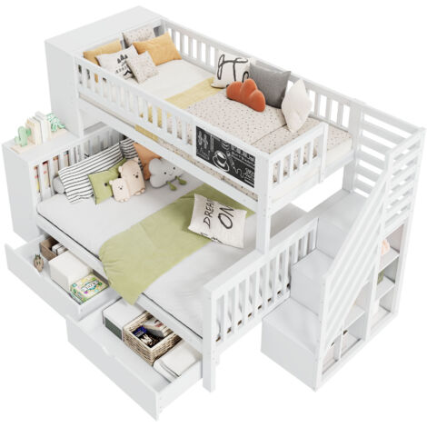 Lit superposé enfant en bois massif pin blanc 140x200 + 90x200 cm avec escalier rangements, tiroirs et tableau (1/5)