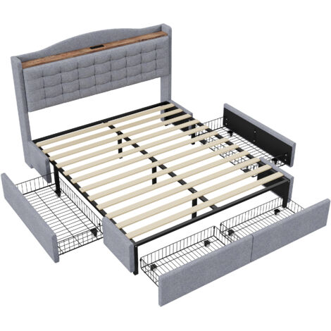 Lit 140x200 cm rembourré en lin gris avec tête de lit USB, étagère et 4 tiroirs, sommier à lattes inclus (1/5)