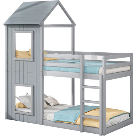 Lit superposé enfant en pin gris 90x200 cm avec échelle, barrière de sécurité et baldaquin, type cabane (1/5)