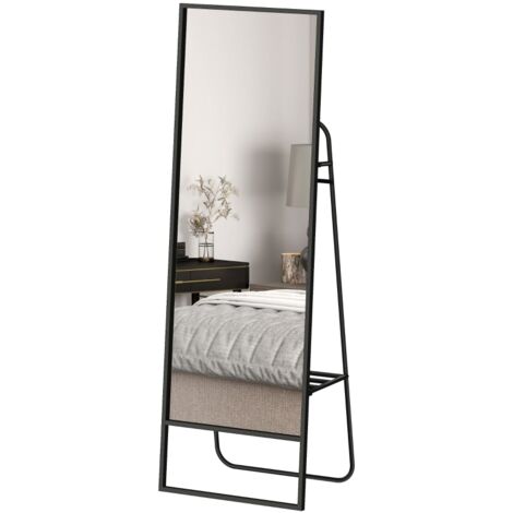 Miroir 157x50 Cm En Métal Noir, Pleine Hauteur Avec Étagère Arrière Et 2 Crochets (1/5)
