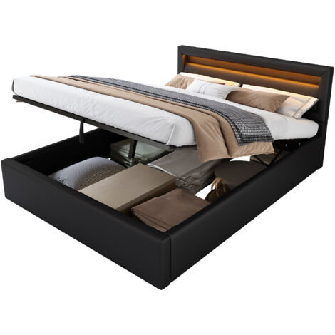 Lit coffre rembourré PU noir 140x190 cm avec sommier à lattes et éclairage LED, tête de lit 80 cm (1/5)