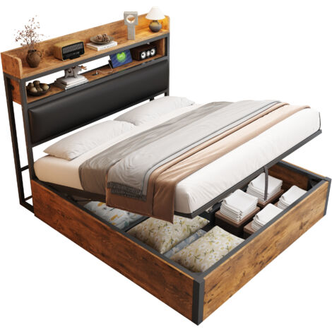 Lit coffre 140x200 cm bois & métal noir avec tête de lit rembourrée, USB et relevage hydraulique, sommier à lattes inclus (1/5)