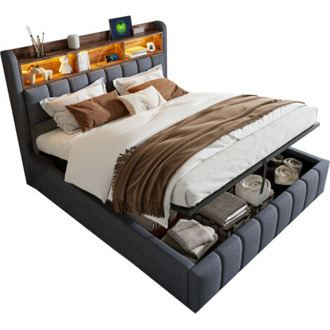 Lit coffre 180x200 cm en tissu lin gris avec LED, tête de lit avec rangements et ports USB/Type-C, cadre métal (1/5)