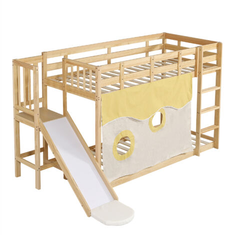 Lit superposé en bois naturel 90x200 cm avec escalier, toboggan et rideaux, MDF + pin (1/5)