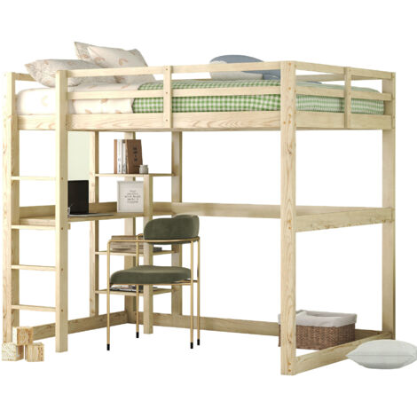 Lit mezzanine en pin naturel 140x200 cm avec bureau et rangement 4 étagères, sommier à lattes inclus (1/5)
