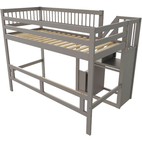 Lit mezzanine enfant/adolescent en bois gris 90x200 cm avec escalier de rangement intégré (1/5)