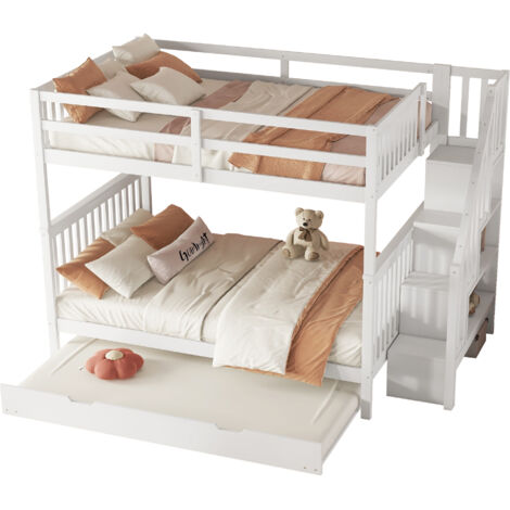 Lit superposé en pin et MDF blanc 140x200 cm avec escalier rangement et lit gigogne, sommier à lattes inclus (1/5)