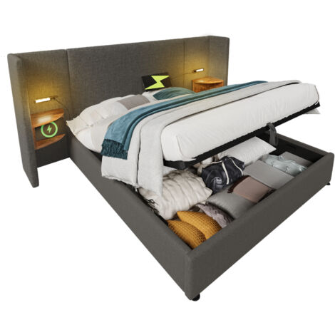 Lit Coffre 180x200 Cm Avec Tête De Lit Multifonctionnelle Et Rangement Intégré (1/5)