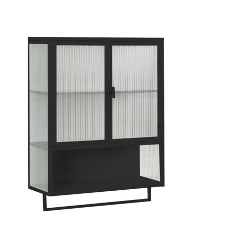 Meuble Mural 60x23x78 Cm En Verre Trempé Et Métal Noir — Portes Vitrées, Étagère Ouverte