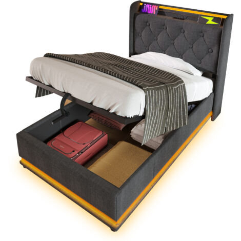 Lit coffre rembourré en lin gris 90x200 cm avec LED 360°, tête de lit capitonnée USB/Type-C, sommier à lattes inclus (1/5)