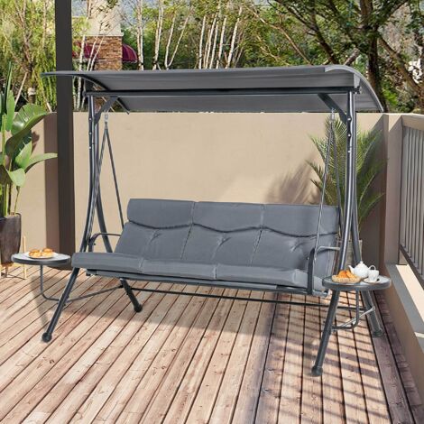 Balancelle de jardin 3 places en acier gris avec toit réglable, 2 tablettes en verre et coussin, 271 x 125 x 177 cm (1/5)