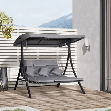 Balancelle de jardin 3 places en métal gris avec toit pare-soleil réglable et coussins (1/5)