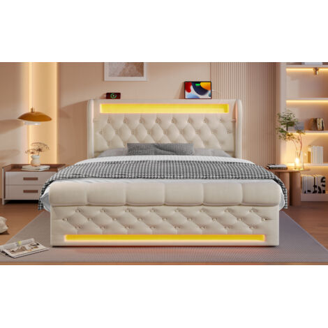 Lit coffre rembourré velours beige 140x200 cm avec LED, tête de lit rangement et ports USB/Type-C, matelas inclus (1/5)