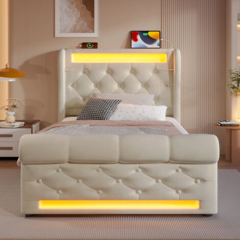 Lit coffre 90x200 cm en velours beige avec LED, tête de lit avec USB/Type-C, sommier relevable + matelas inclus (1/5)