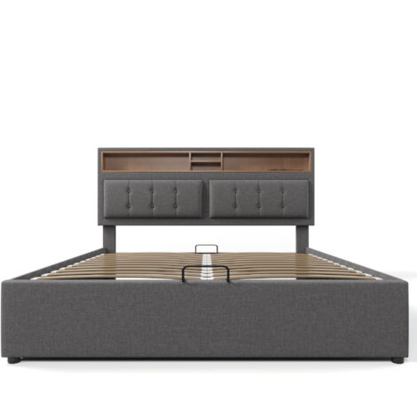 Lit coffre rembourré en lin gris 160x200 cm avec tête de lit réglable, prises + USB/Type-C, sommier à lattes et matelas (1/5)