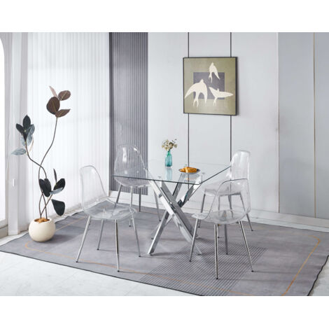 Ensemble de salle à manger 5 pièces en métal coloris chrome, 1 table et 4 chaises en velours avec pieds plaqués or