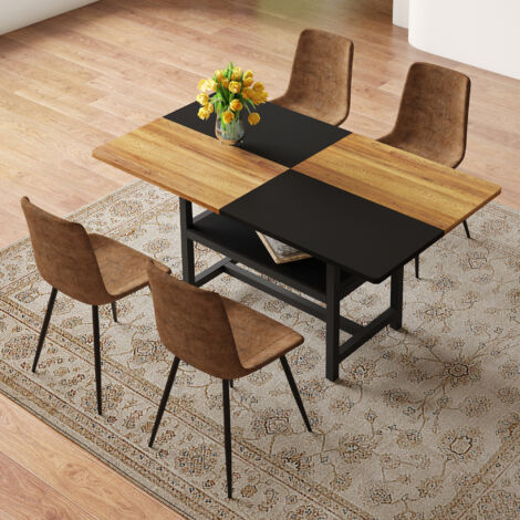 Ensemble de salle à manger 160 cm MDF et métal noir avec 4 chaises en tissu technique marron, table avec tablette intégrée (1/5)