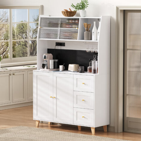 Buffet haut MDF blanc 120 x 40 x 184 cm, 3 tiroirs, étagères réglables, porte-verres, panneau perforé et prises (1/5)