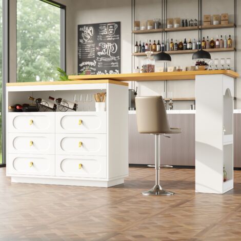 Table de bar extensible en MDF blanc 137-203 x 39 x 90 cm, pivotante à 360°, avec 6 tiroirs et rangement latéral
