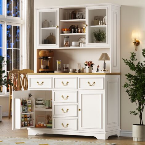 Sideboard haut de cuisine MDF blanc 118 x 39,5 x 180 cm avec LED RGB, multiprise intégrée et rangements modulables (1/5)