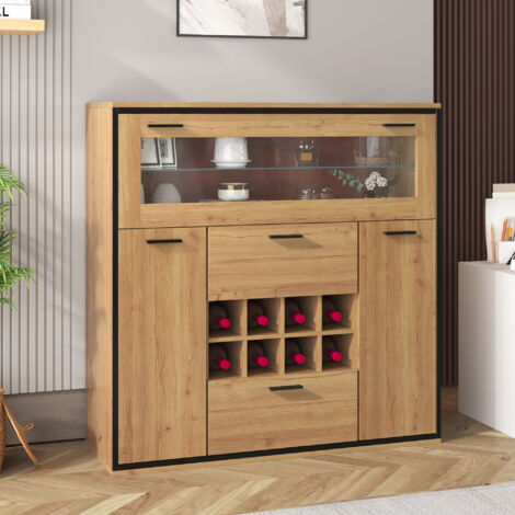 Sideboard cave à vin en panneaux de particules bois naturel et noir 110 x 38 x 111 cm avec LED 16 couleurs (1/5)