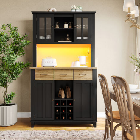 Buffet haut de cuisine en MDF noir 106 x 40 x 179,5 cm, avec éclairage LED, 6 niches, porte-bouteilles 9 places et rangement (1/5)