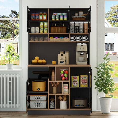 Buffet haut en MDF noir, anthracite et décor bois 105x45x185 cm, rangements avec étagères réglables, tiroir et niches
