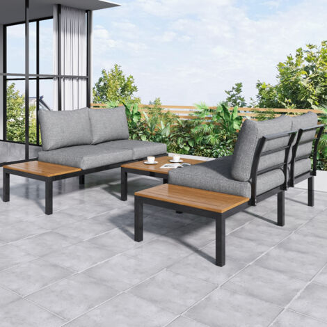 Ensemble de mobilier de jardin en fer galvanisé gris avec 2 canapés 2 places, 2 tables d'appoint, 1 table et coussins (1/5)