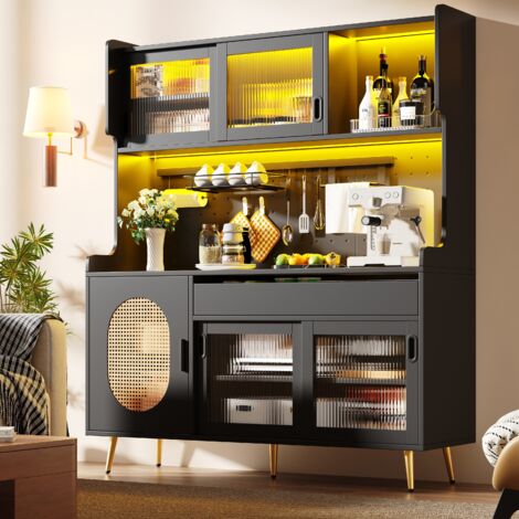 Sideboard en MDF noir 145 x 39 x 171 cm, grand rangement, tiroirs, panneau perforé et éclairage LED (1/5)