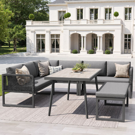 Ensemble de mobilier de jardin en résine tressée PE grise, modulable avec coussins épais, 3 canapés 2 places, banc et table (1/5)