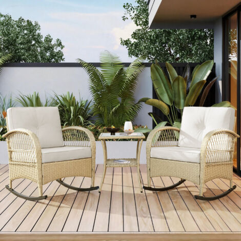 Mobilier de balcon en rotin beige et noir, 2 fauteuils à bascule avec coussins et table en verre trempé, 3 pièces (1/5)